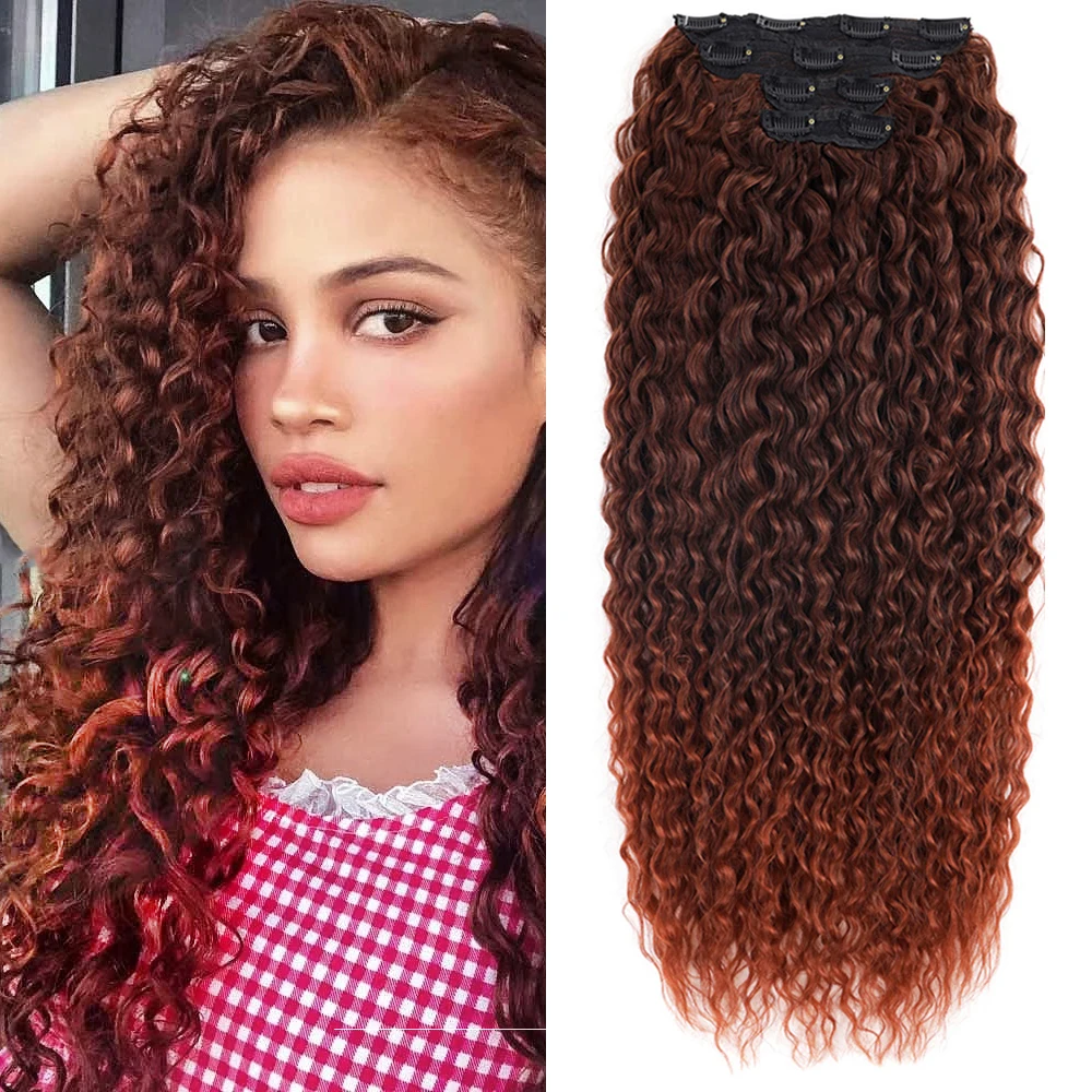 Synthetic Kinky Curly Clip In Hair Extensions 28inches 4pcs Brown Blonde Hair Long Afro Anjo Plus Curls Hairpieces For Woman