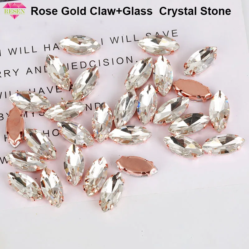 RESEN Rose Gold Claw Sew on Horse Eye Crystal Rhinestone Handicrafts Sew on Stones for Garment Clothing Accessories