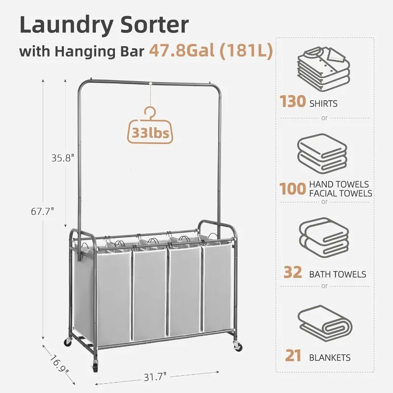 Laundry Sorter with Hanging Bar, Portable, Removable Laundry Hamper Cart with Heavy Duty Rolling Lockable Wheels