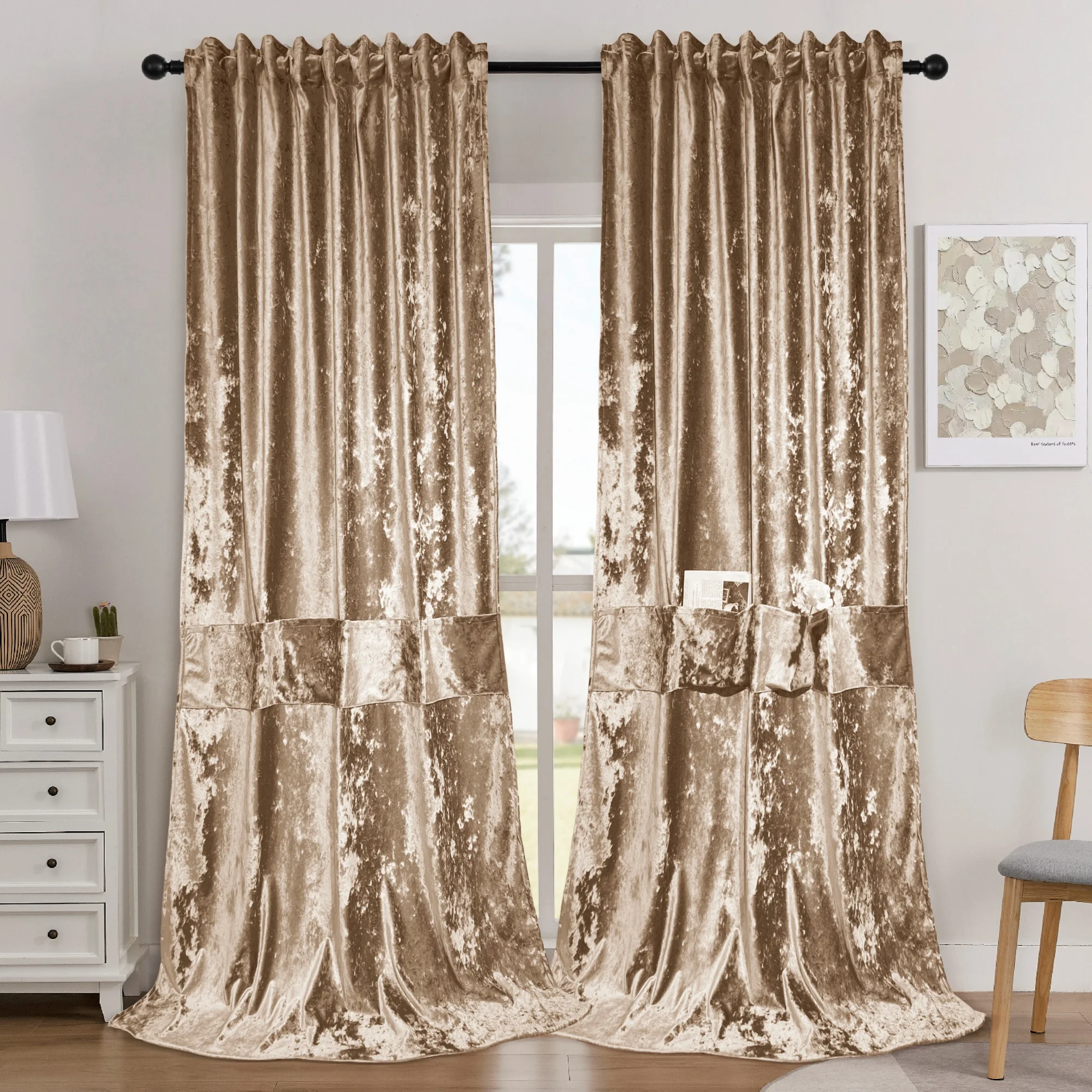 

2 шт. мягкие бархатные оконные шторы с карманами для хранения, книг/телефоном, домашний декор