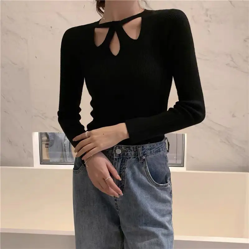 Autumn Winter Simplicity Hollow Out Knitting O-neck Long Sleeve Sweater Ladies Fashion Slim All-match Top Tee Women Clothing