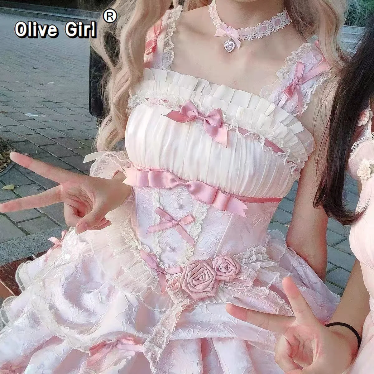 

Olivegirl Lolita Dress Women Ruffled Lace Halter Neck Cute Dress Bow Princess Party Dress Kawaii Gothic Cosplay Costume