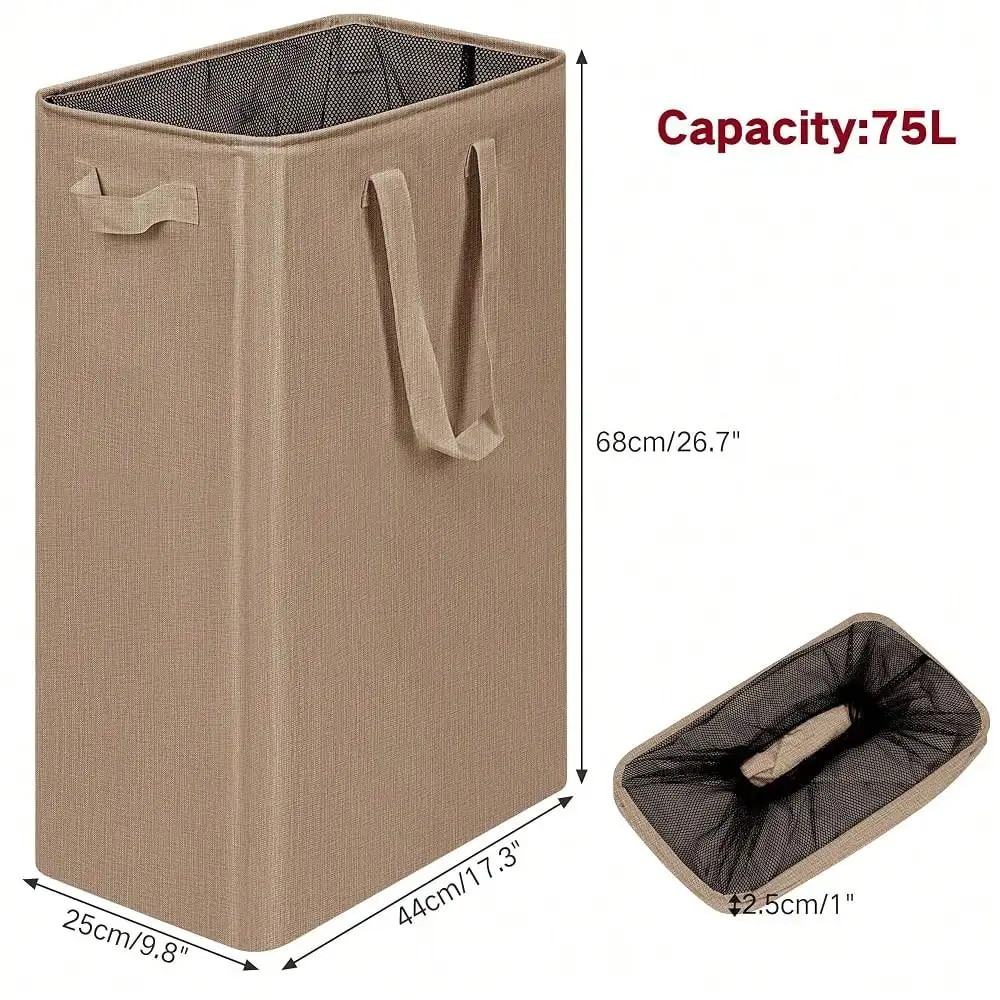Laundry Basket, Narrow Laundry Hamper With Handles, Collapsible Dirty Clothes Hamper, Tall Laundry Bin For Laundry Room, Dorm And Bedroom, 19.8 Gallon (75L) Flax Brown