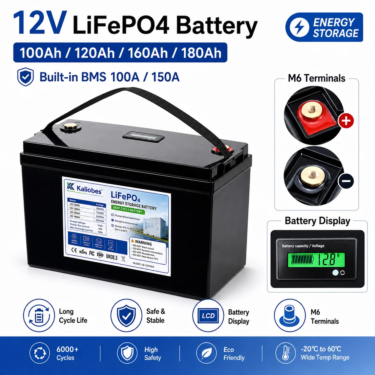 12V 100ah 120ah 160ah 180ah Lifepo4 Battery Cells Pack Rechargeable for Solar Panels Golf Cart 12.8V Display BMS 14.6V charger