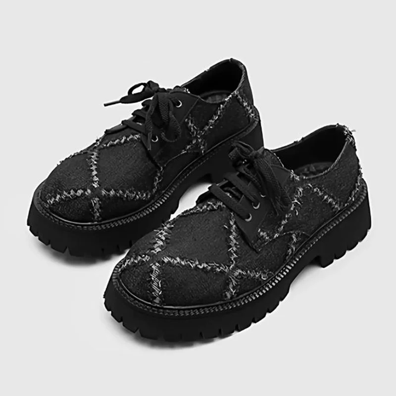 black canvas Big Roound Toe Derby Shoes Men Distressed Style Denim Shoes Fashion Lace-up Thick Soles Casual Shoes For Men