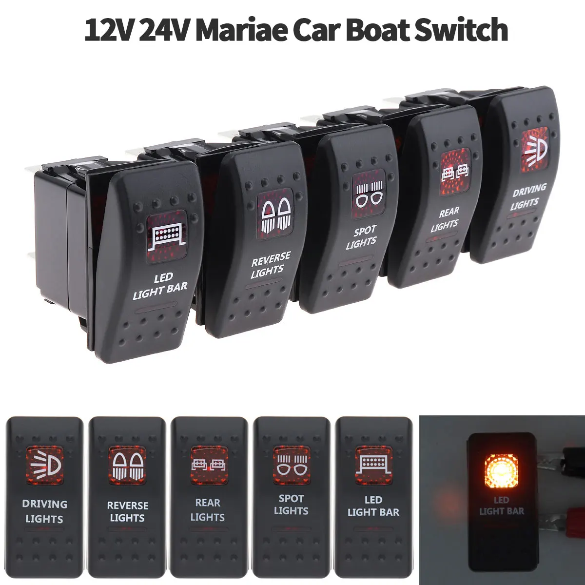 Car Light Swithes 12V/ 20A 24V/10A 5 Pin Car Boat Rocker Toggle Switch Red LED Off Road Spot Light ON-OFF for Marine ATV RV Auto