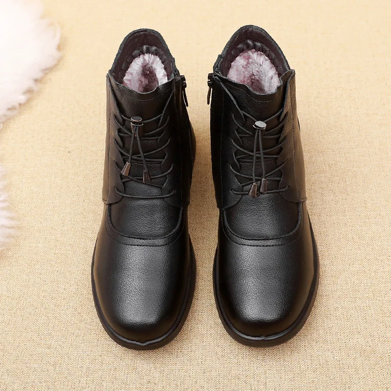 Winter Women Genuine Leather Flats Non-slip Ankle Boots Female Thick Plush Warm Snow Boots Mother Waterproof Non-slip Booties