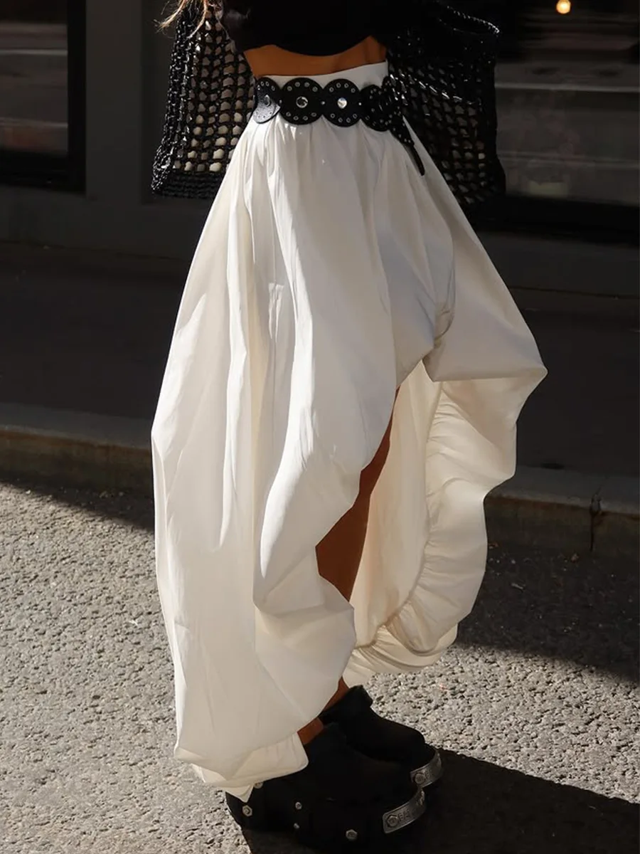 กระโปรงผ้าฝ้ายทรงเอ midi สำหรับผู้หญิง คอลเลคชั่นฤดูใบไม้ผลิ/ฤดูร้อน ปี 2026 ดีไซน์จับจีบแบบไม่สมมาตร สไตล์สตรีทแฟชั่น