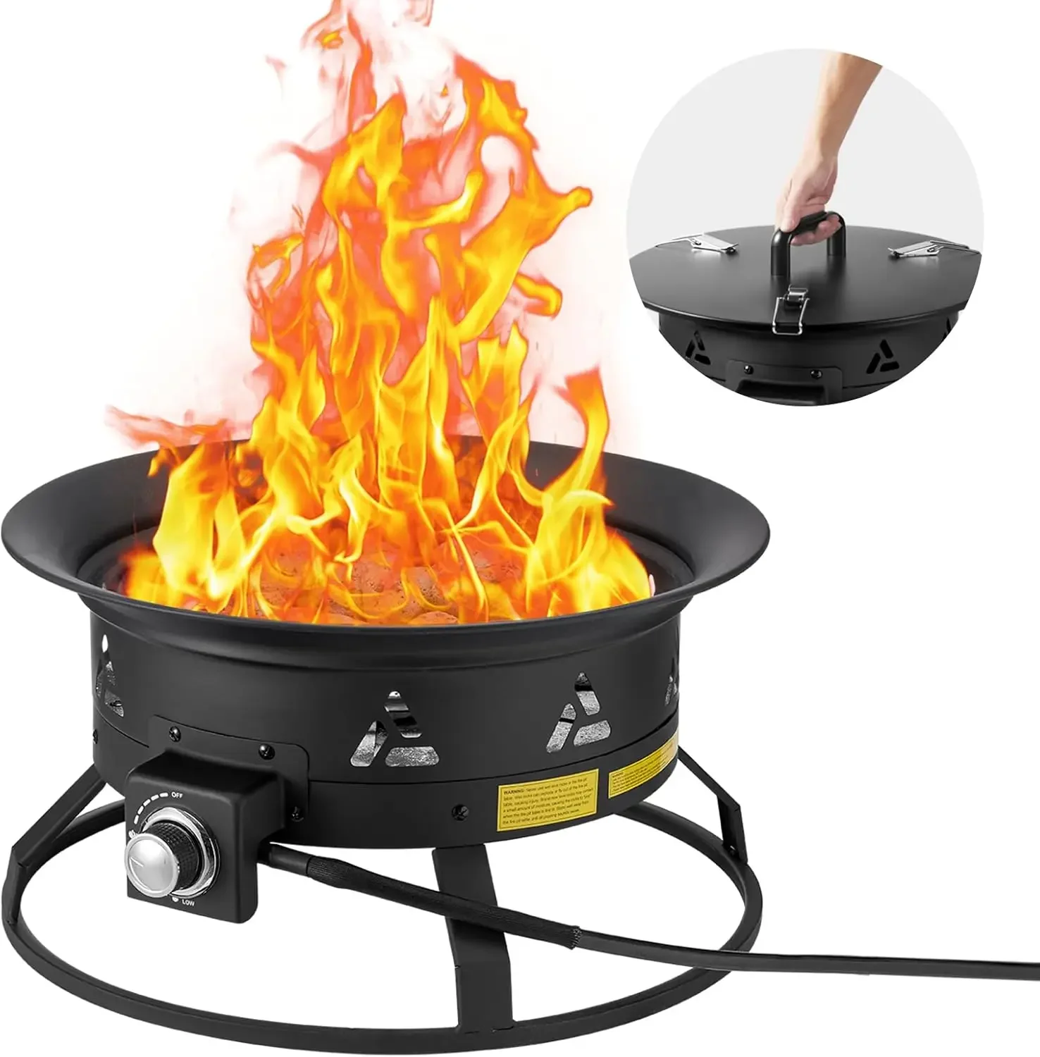 Portable Propane Fire Pit, 24-Inch Diameter Outdoor Gas Fire Pit with Cover & Lava Rocks, Adjustable Flame Height Camping Firepi