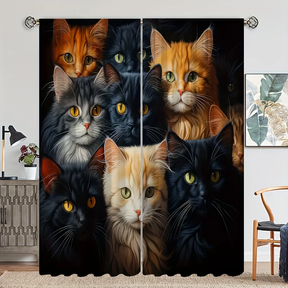 2panels Black White Cat Pet Washable Rod Pocket Curtain For Bedroom Office Kitchen Living Room Window Blinds Study Home Decor