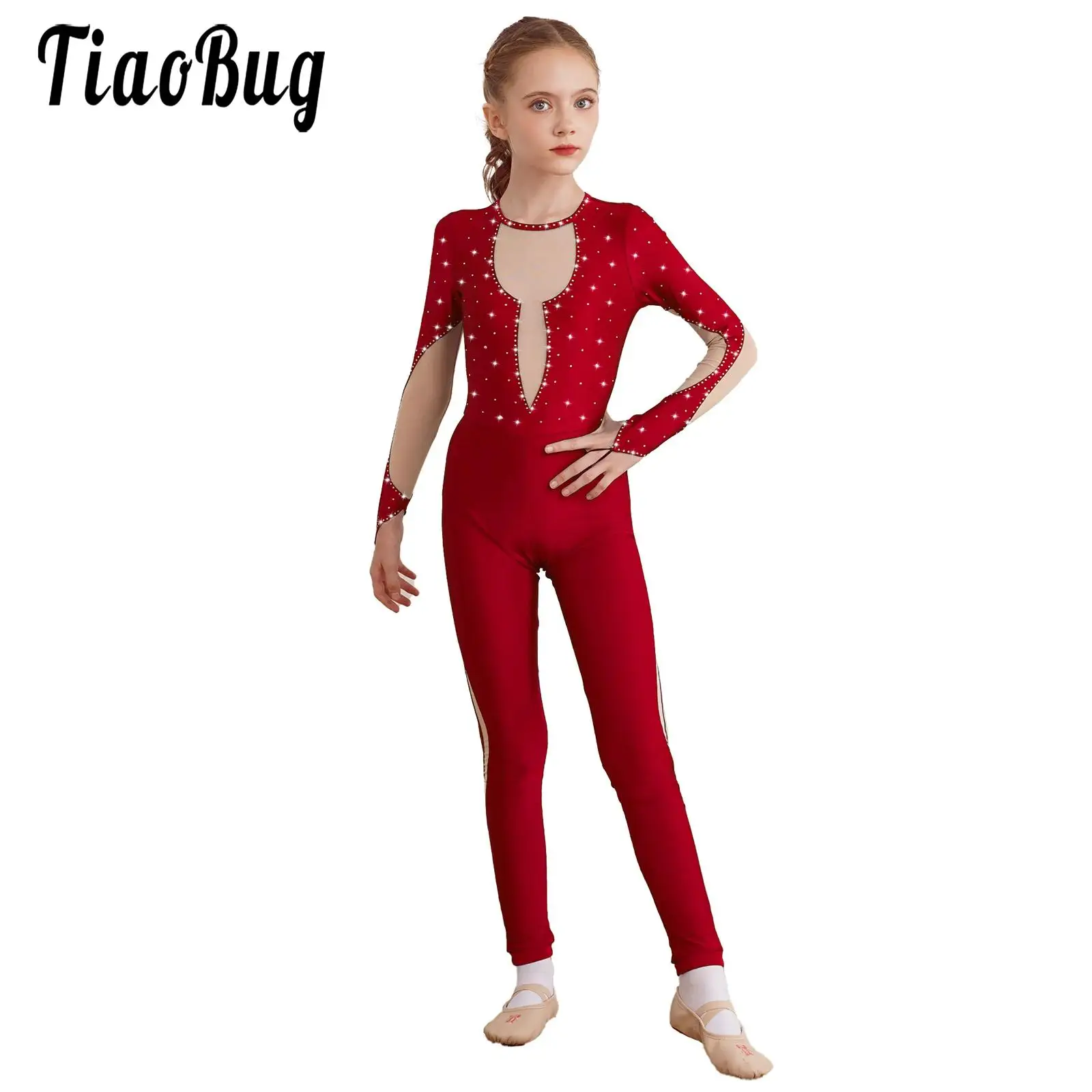 

Kids Girls Shiny Rhinestone Figure Skating Performance Jumpsuit Ballet Dance Gymnastics Leotard Long Sleeve Full Length Bodysuit