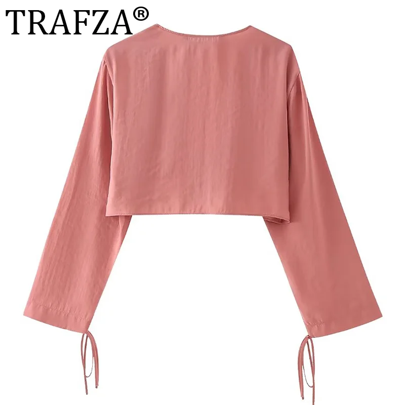 TRAFZA Women Solid Loose Cropped Shirts Top Fashion Woman Versatile Streetwear Female Shirt Tops