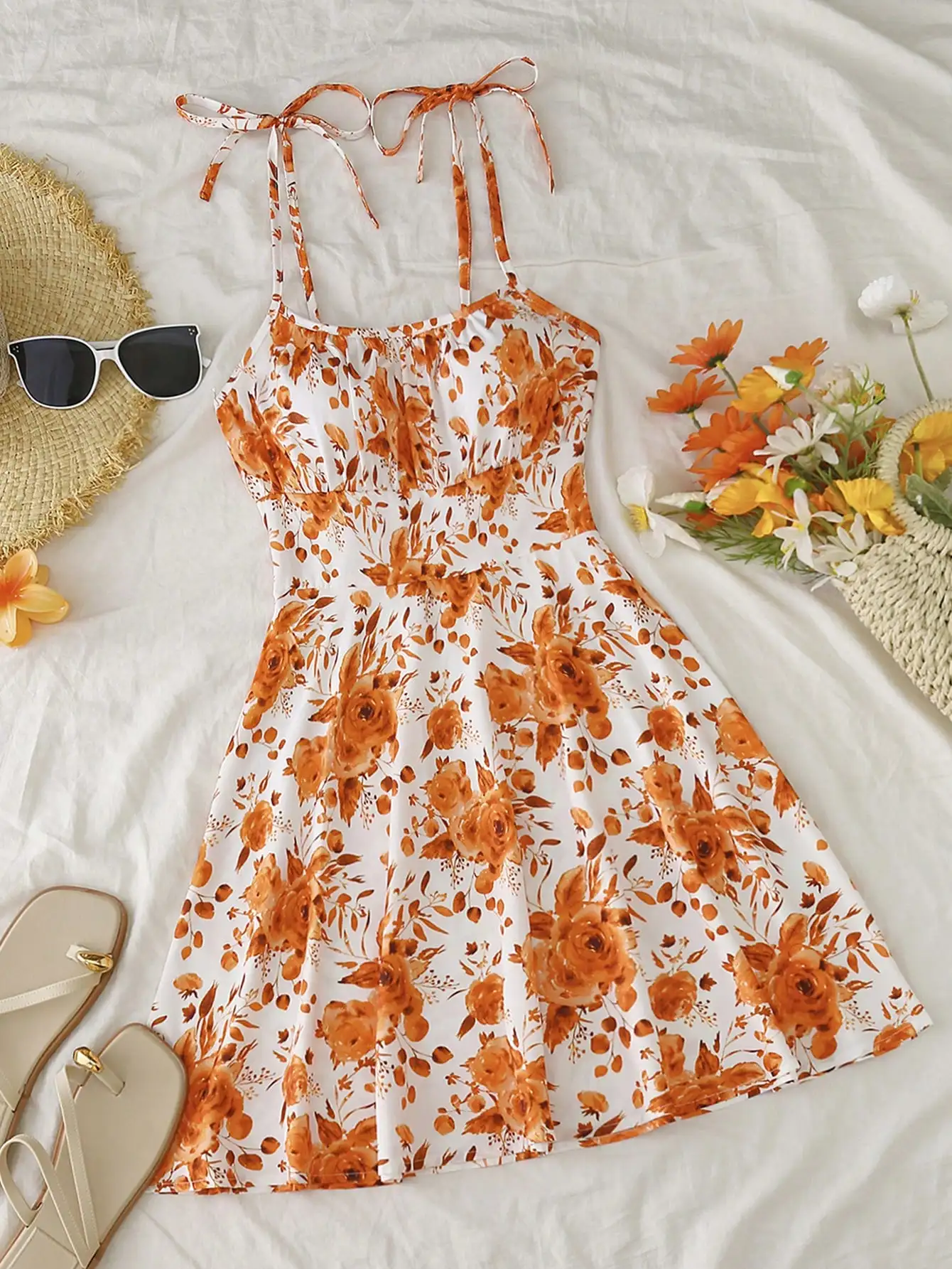 

Women Summer Floral Print Spaghetti Strap Dress With Shoulder Ties Mini A-Line