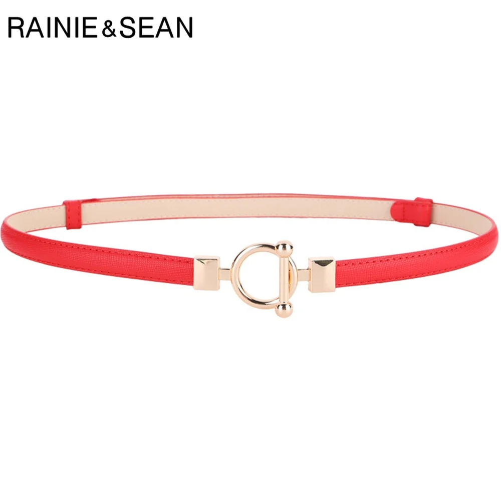 

RAINIE SEAN Red Cowskin Thin Waist Belts Women Genuine Leather Waist Belt Fashion Ladies Belt for Dress Black Female Strap 100cm