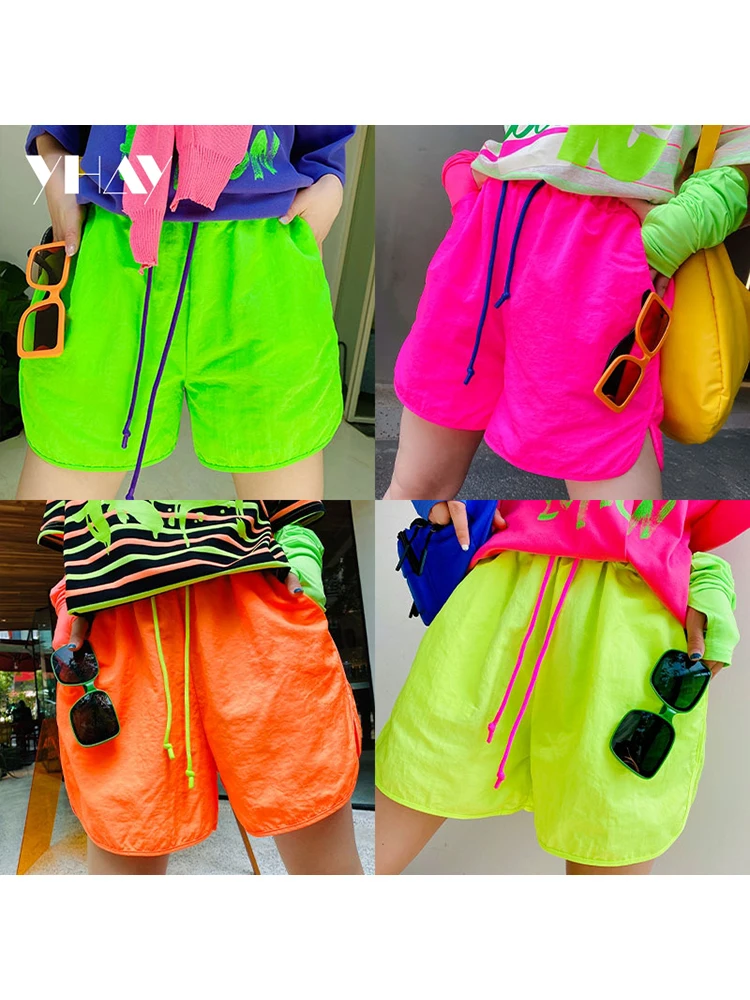 Spring and Summer Fluorescent Green Simple and Versatile Trendy Brand Loose Elastic Waist Split Fork Casual Quick-drying Shorts