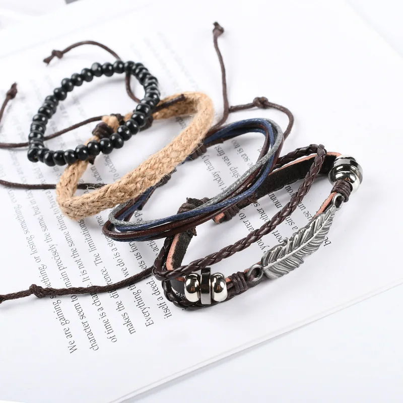 Vintage Multilayer Braided Leather Bracelets Men Women Star Moon Leaf Metal Handmade Adjustable Wrap Bracelets Bangles Male Gift