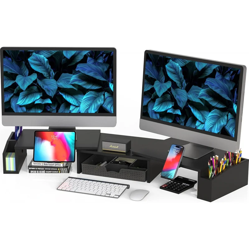 

Подставка для двух мониторов с выдвижным ящиком, прочная подставка-органайзер для компьютера, экономия места на рабочем столе для домашнего офиса