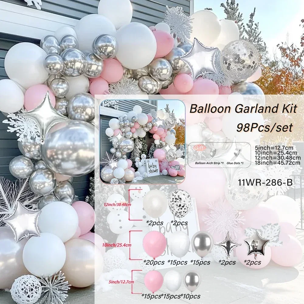 98 قطعة من بالونات الشتاء العجائب، مجموعة قوس بالونات فضية باللون الأبيض والوردي لحفلات أعياد الميلاد وحفلات استقبال المولود الجديد وكشف الجنس #2