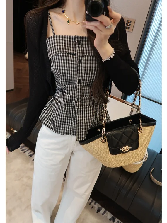 

Mimius Women's Summer Casual Checkered Strapless Cardigan Top Bottom Set Breathable Lightweight Cotton Slim Fit Spring Chic