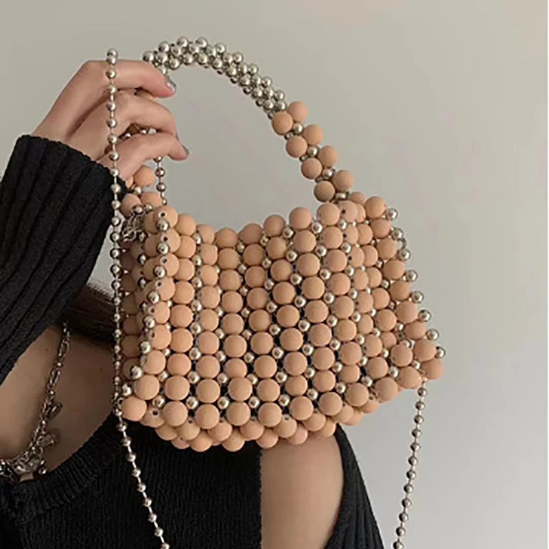 Homemade Patchwork Beaded Woven Totes for Women Sliver Long Chain Kawaii Candy Frosting Bead Original Niche Purses and Handbags