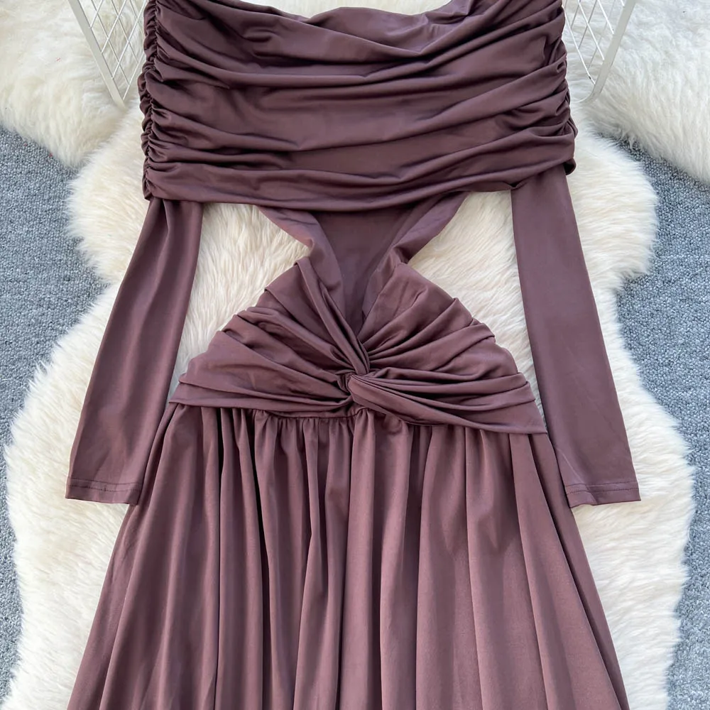 فساتين TWOTWINSTYLE المثيرة للتخسيس طيات للنساء رقبة مائلة وأكمام طويلة وخصر عالي فستان أنيق متين جديد KDR555304 #5