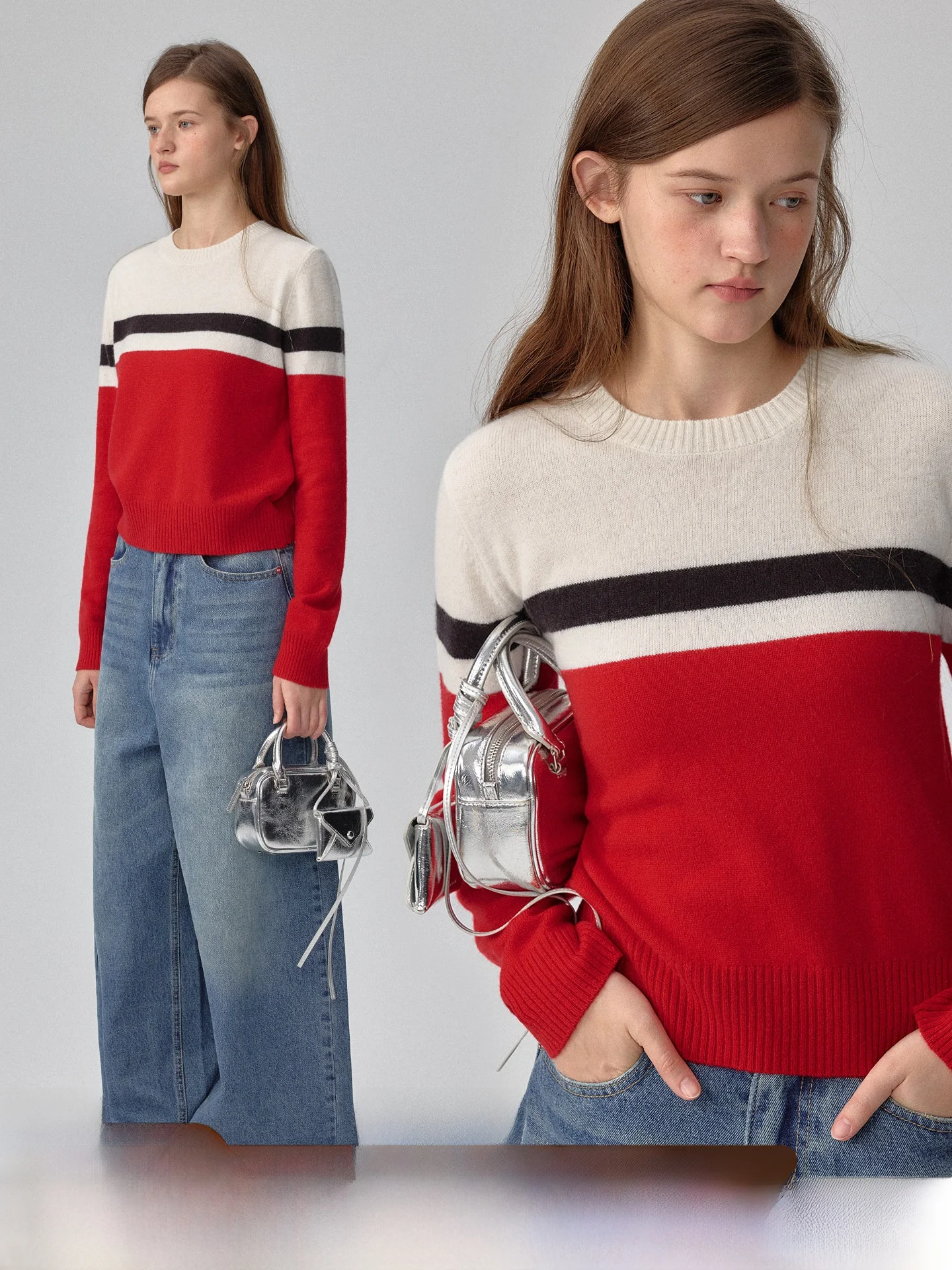 

Легкий вязаный свитер в полоску из мягкой шерсти для женщин, весенний модный повседневный свитер с красными цветовыми блоками