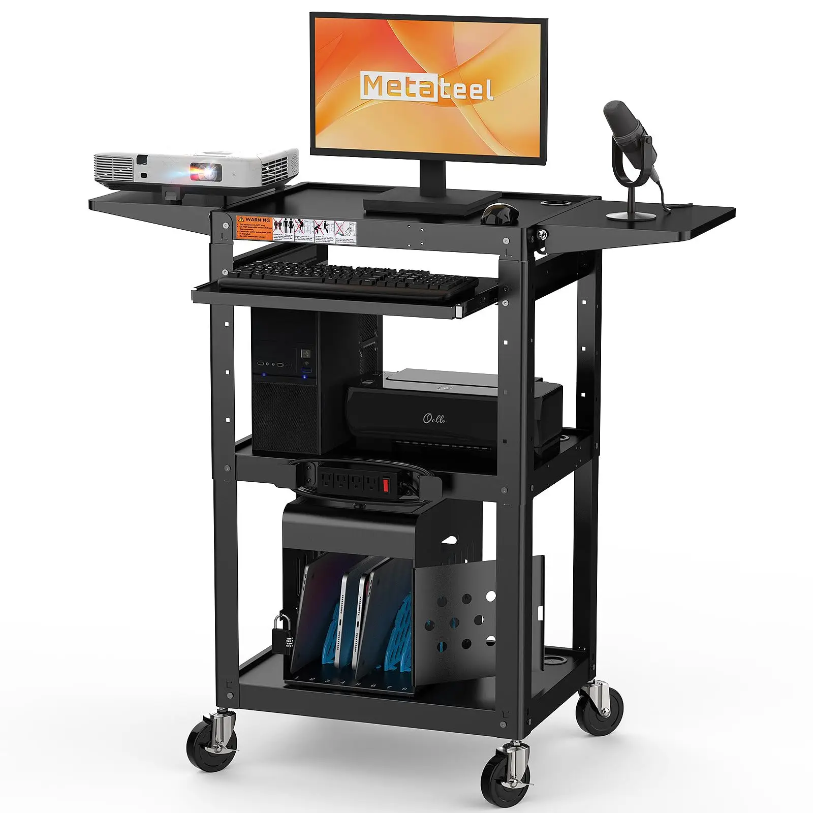 All-Steel Rolling AV Cart with Adjustable Height & Built-in Power – Heavy-Duty Media Workstation with Drop-Leaf Shelves