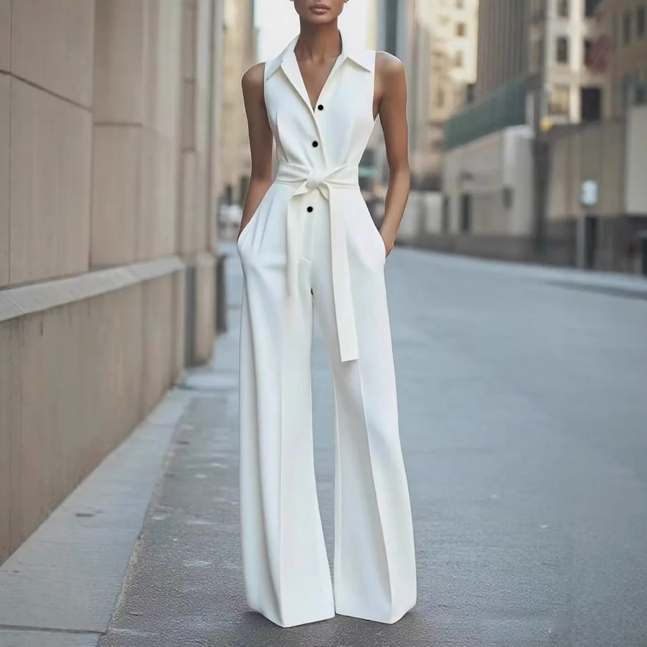 

Fashionable Color Wide Leg Jumpsuit Office Commute Women's Shirt One-Piece Suit High Waist Long Pants Polyester Fiber