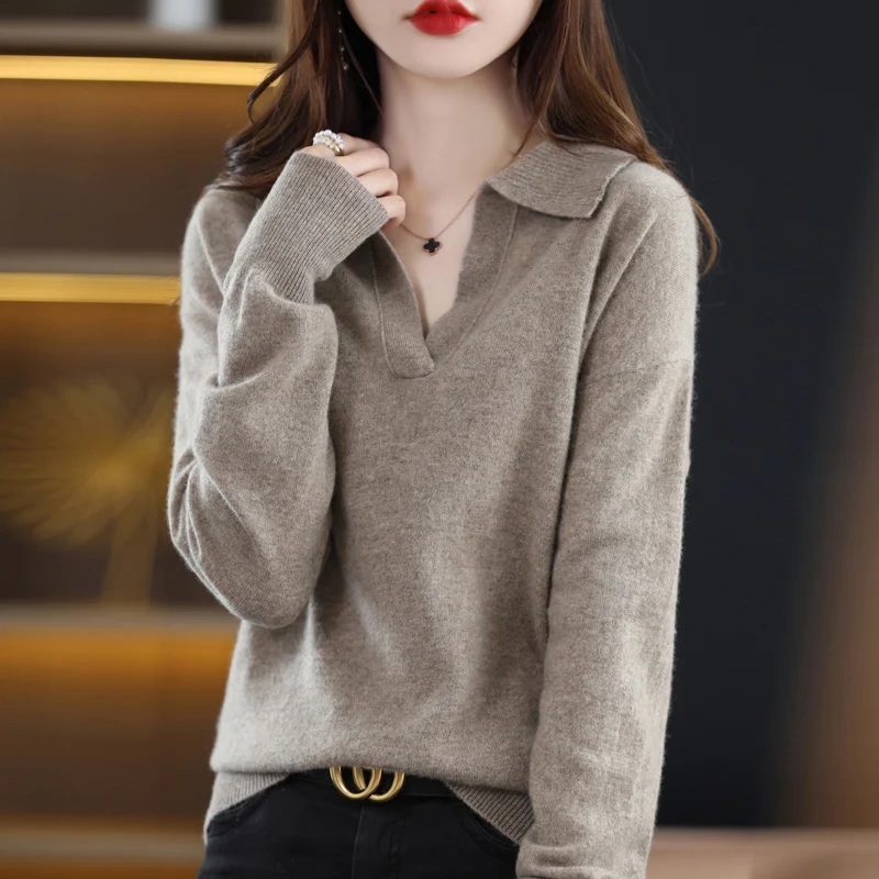 Autumn Winter New Woman 100% Wool Sweater Soft Polo Collar Pullover Casual Knitted Solid Color Tops Cashmere Female Sweater