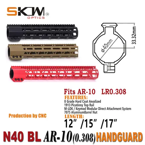 SKWOPTICS  N40 BL, 12' 15'' 17'' 308, AR-10 Handguard M-LOK Key-M Low Profile Picatinny 6061 Aluminum, Free Floatod