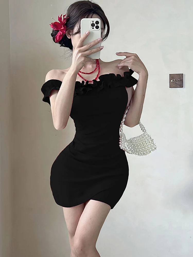 여름 레드 플리츠 바디콘 러플 스퀘어 넥 슬링 드레스 여성 우아하고 시크한 갈라 드레스 2025 한국 패션 페스티벌 드레스