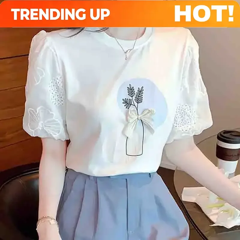 Customization High Quality New Splicing Lace Short Sleeve Women's T-shirts Cotton Casual Summer White Women Tshirts Sweet Tops N