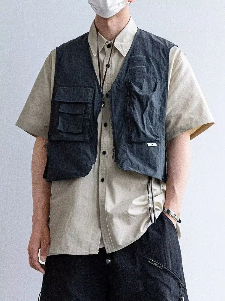 

Мужской летний винтажный жилет с v-образным вырезом и несколькими карманами, повседневный многослойный жилет для улицы, унисекс