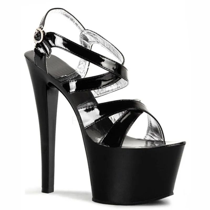 

Black/silver high heels, sexy open toe wedding dress party shoes, cross-strap 17cm high heels dance shoes