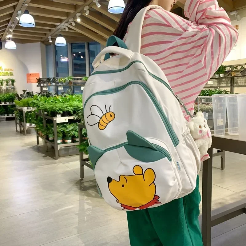 Disney Winnie The Pooh Large Capacity school Backpack for Women College Student School Bag with Doll Pendant Nylon Fabric