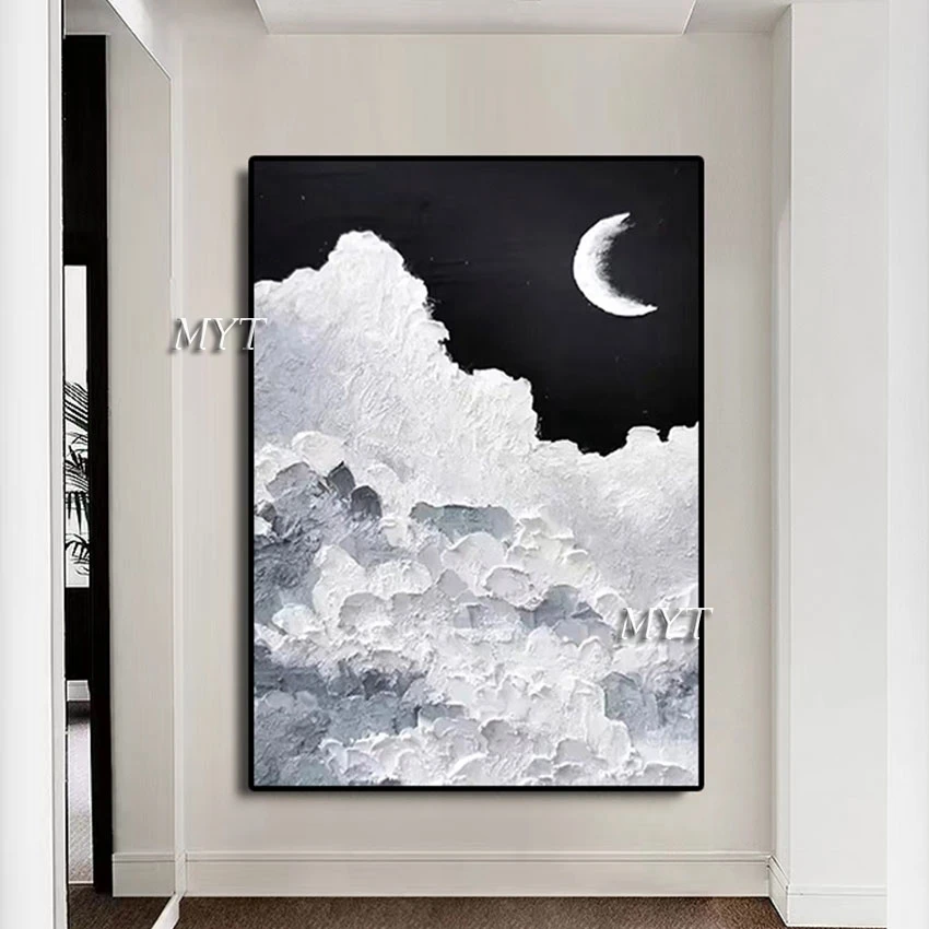 

White Acrylic Cloud Natural Scenery Wall Picture Abstract Moon Palette Knife Painting Frameless Modern Art Canvas Oil Painting