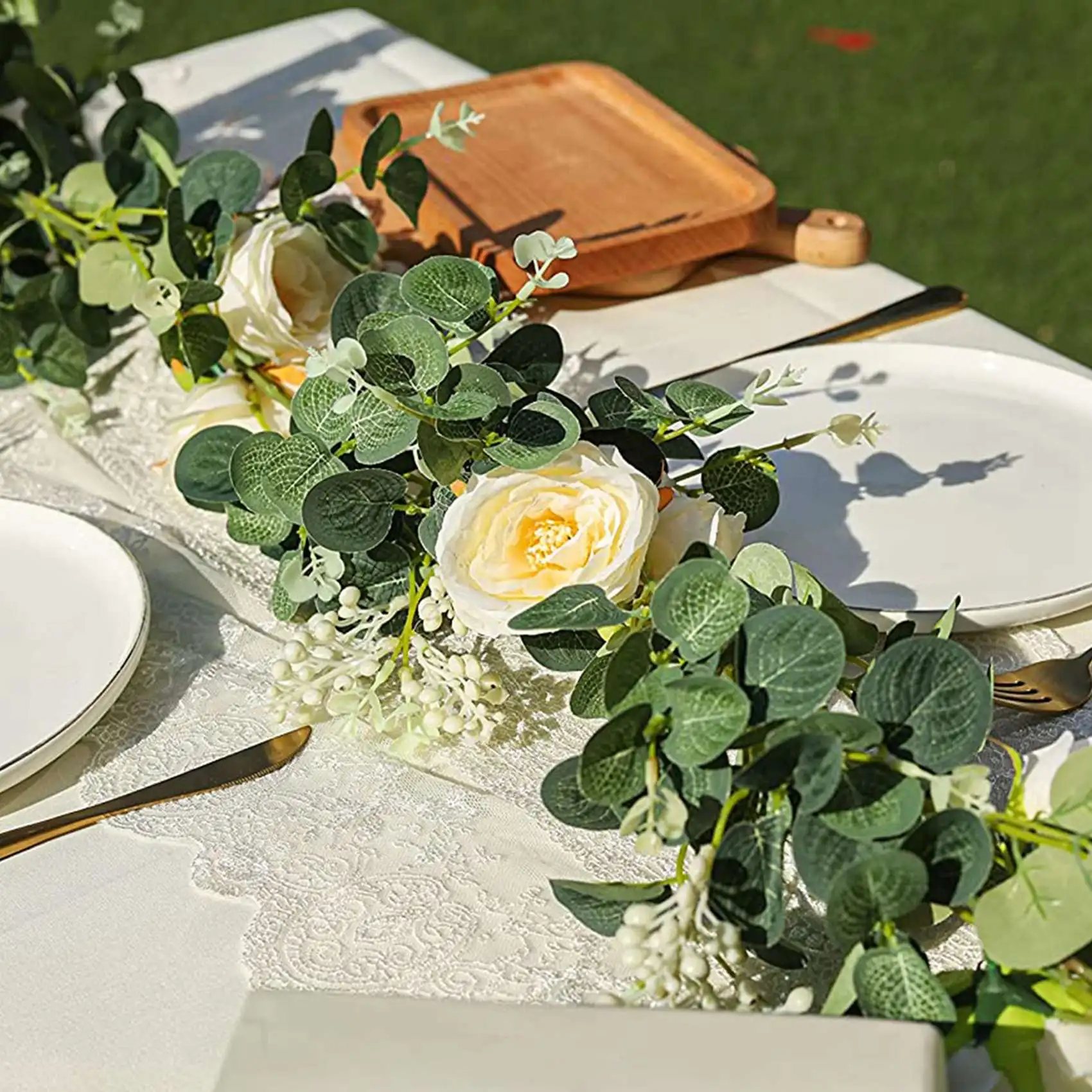 Guirxiété d'eucalyptus artificielle en vrac avec rose champagne, feuilles de vigne vertes, injFloral, lot de 2