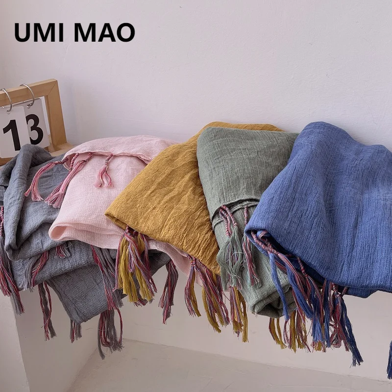 UMI MAO Simple Solid Color Cotton-linen Fringed Scarf Oversized Sun Protection Shawl Women Spring Autumn Neck Protection Gauze