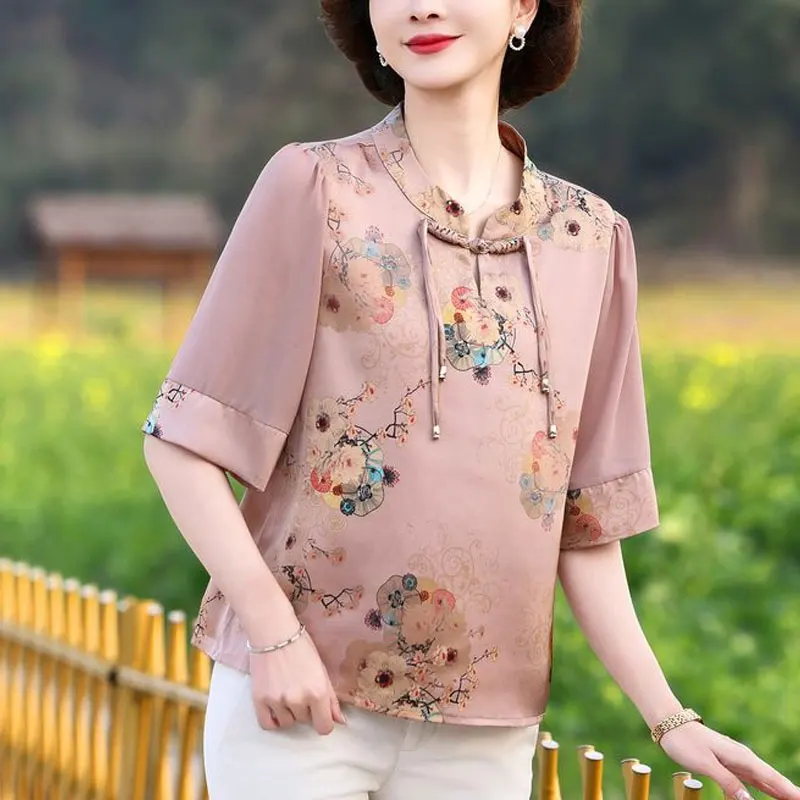 Stylish Stand Collar Loose Blouse 2024 Summer Vintage Floral Printed Women\'s Clothing Folk Chinese Disc Buckle Half Sleeve Shirt