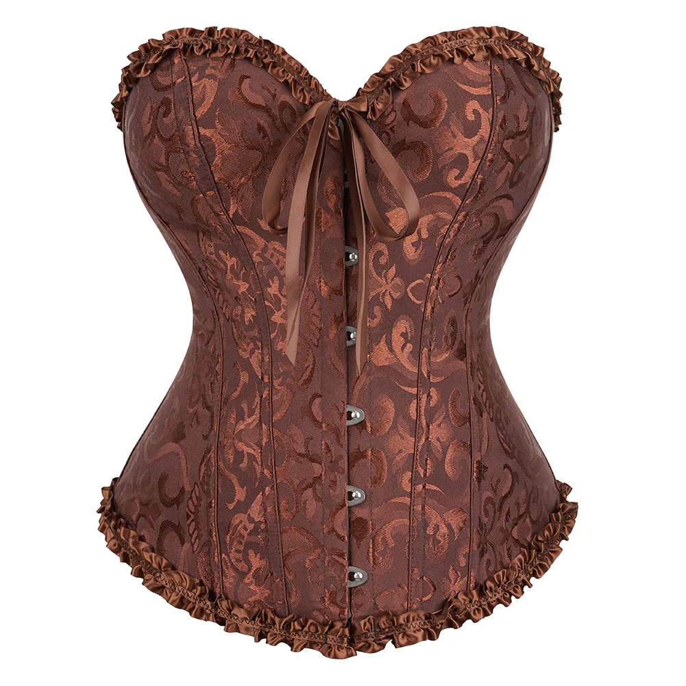 Jacquard Overbust Corset Floral Waist Bustier Top Basques Lace Up Boned Corselet Body Shaper Korset