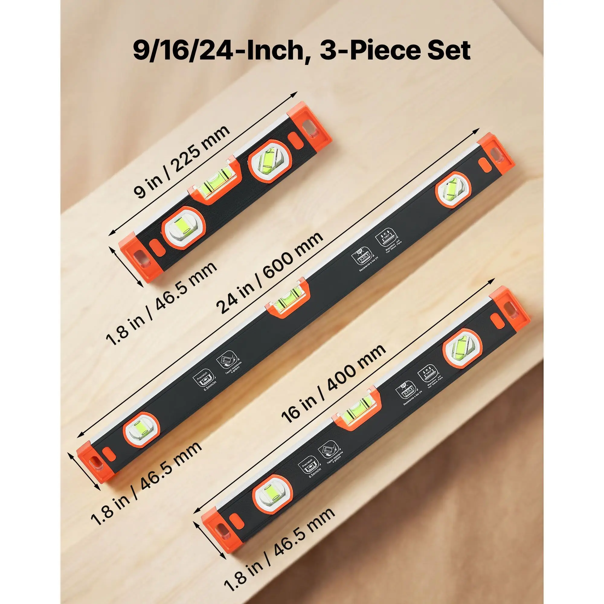 Torpedo Level, 3-Piece Included 9/16/24 In, Magnetic Leveler Tool Set Aluminum Alloy, with Clear 3 Green Vials, V-Groove