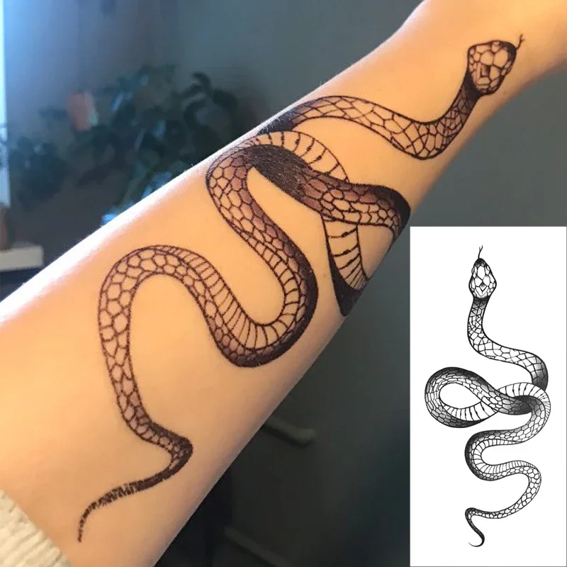 Pegatinas de tatuaje temporales de gran tamaño, tatuajes falsos impermeables de serpiente negra, arte corporal de brazo de clavícula, tatuaje de