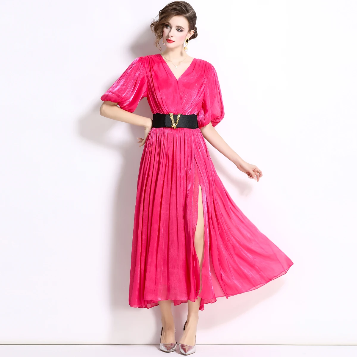 European and American Puffed Sleeve Compression Slimming Mid-length Dress Korean Version Maxi Dress