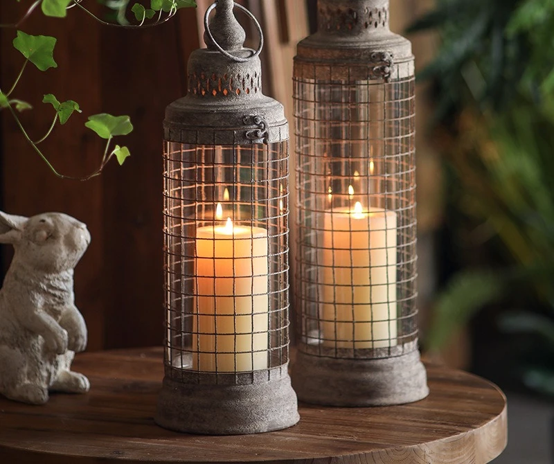 

European and American antique and old desktop candle holder with glass cover bird cage decoration cross-border outdoor hanging c