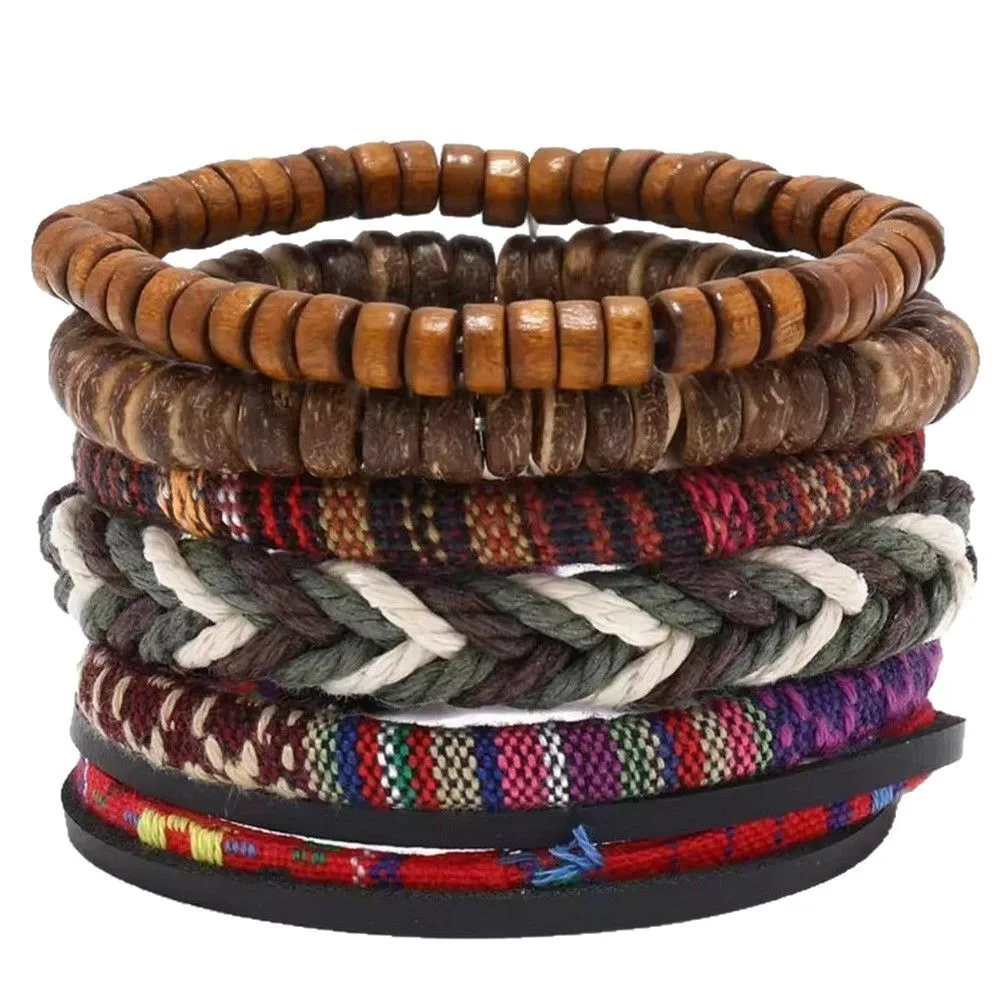 6-قطعة/المجموعة سوار البوهيمي المنسوجة يدويا سوار حبل العرقية نمط ملون خشبي حبة سوار للنساء الرجال للجنسين مجوهرات جديد #2
