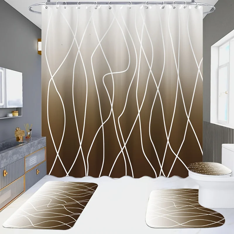 4PCs brown and white gradient mesh shower curtain set, bathroom set, bathroom rug, U-shaped pad, toilet seat cover pad, wate