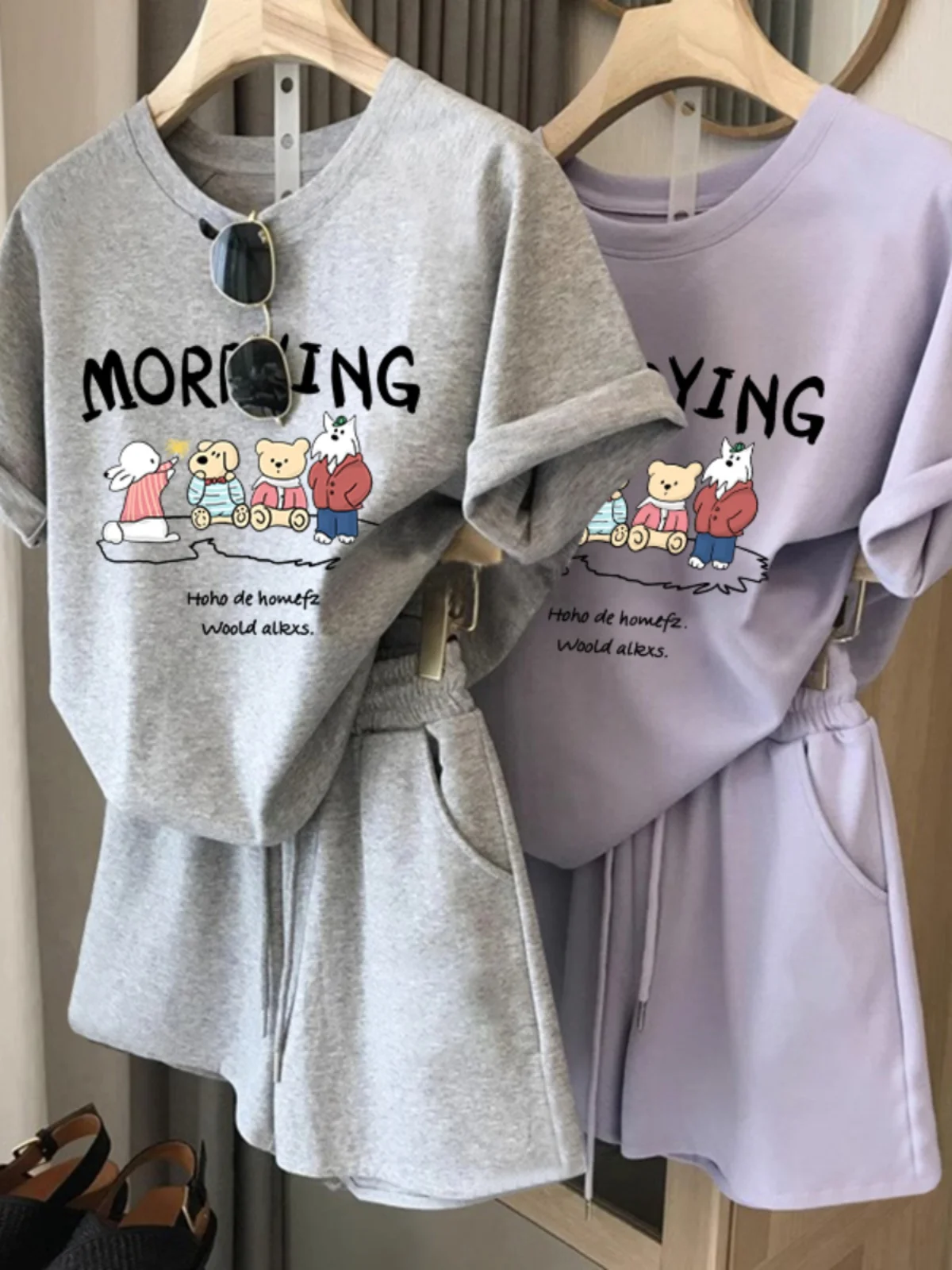 

Bear Casual Sports Set Women Summer New Fashion Loose Short Sleeve Shorts Two Piece Set Comfortable Breathable round Neck Pul...