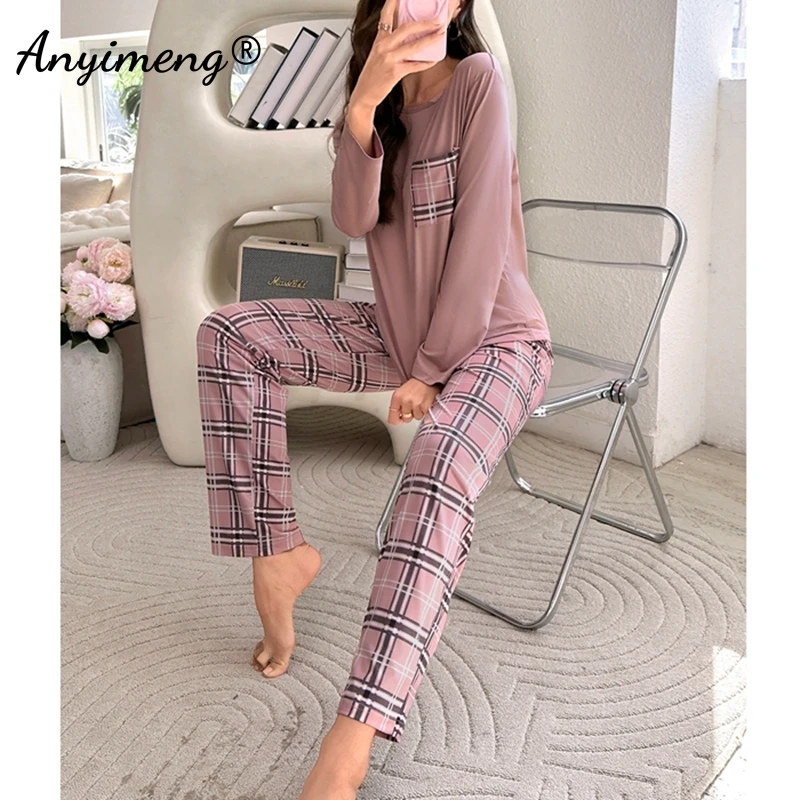 Women Long Sleeved Plaid Pants Pajamas Autumn Winter Woman Homewear Soft Loose Casual Outside Pjs Round Collar Nightwear