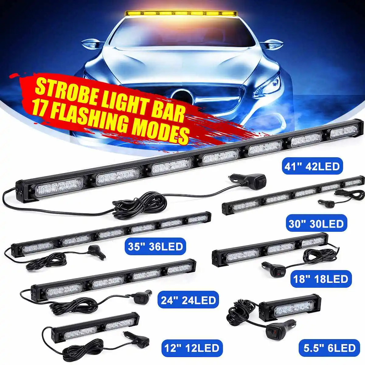 

Amber Led Warning Flashing Light Car Roof Emergency Warning Strobe Light Bar 17 Flash Mode Waterproof 12/24V Truck Lorry Tractor