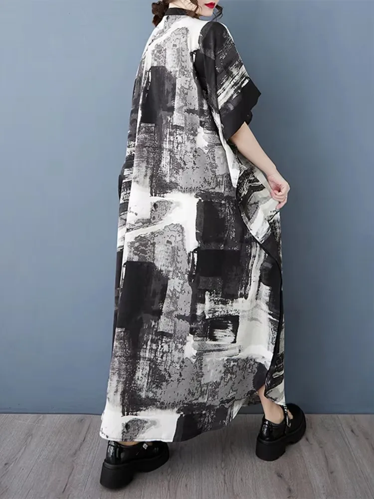 AmaxluluE Musim Panas 2025 Fashion Bohemia Wanita Gaun Cetak Ukuran Besar Wanita Kasual Longgar Vestidos Vintage Elegan Pakaian Panjang